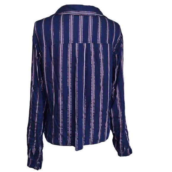 Bella Dahl Shimmer Stripe Tie Waist Open Collar Button Up Blouse Sz L - Picture 3 of 15